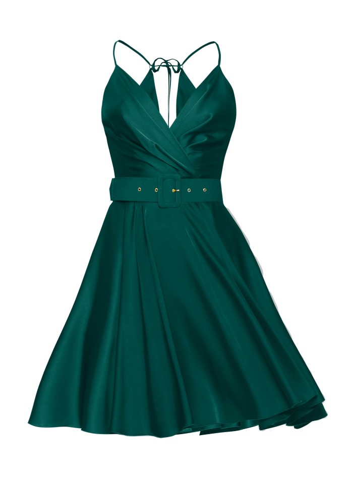 Vestido corto para Invitadas en verde satinado...