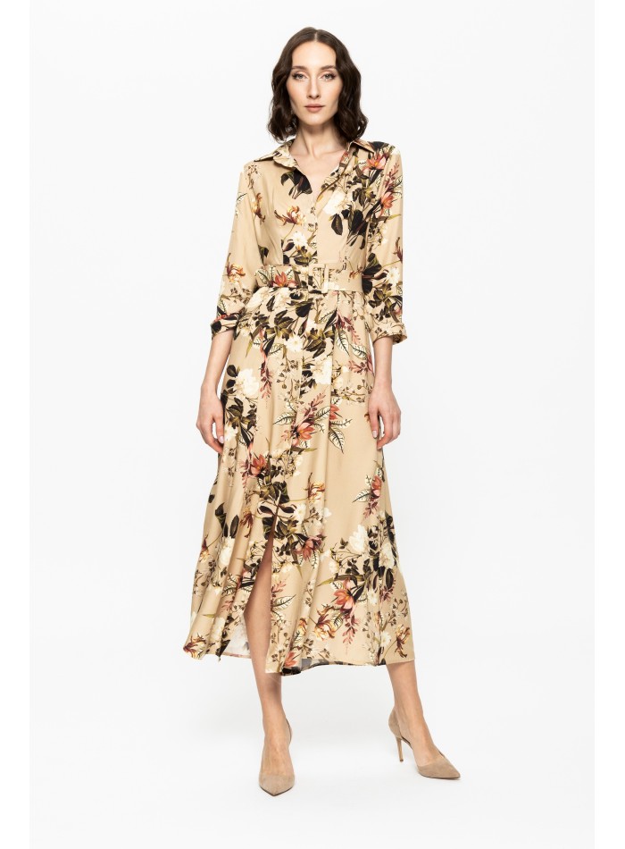 beige midi shirt dress with floral print