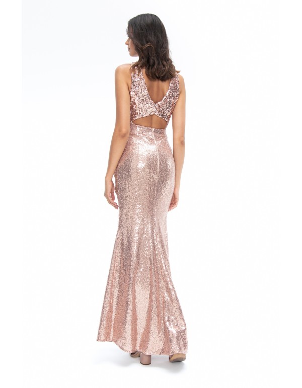 Robe longue rose à sequins avec encolure et fente latérale 2