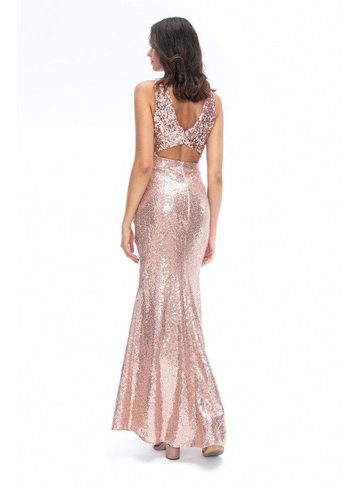 Robe longue rose à sequins avec encolure et...