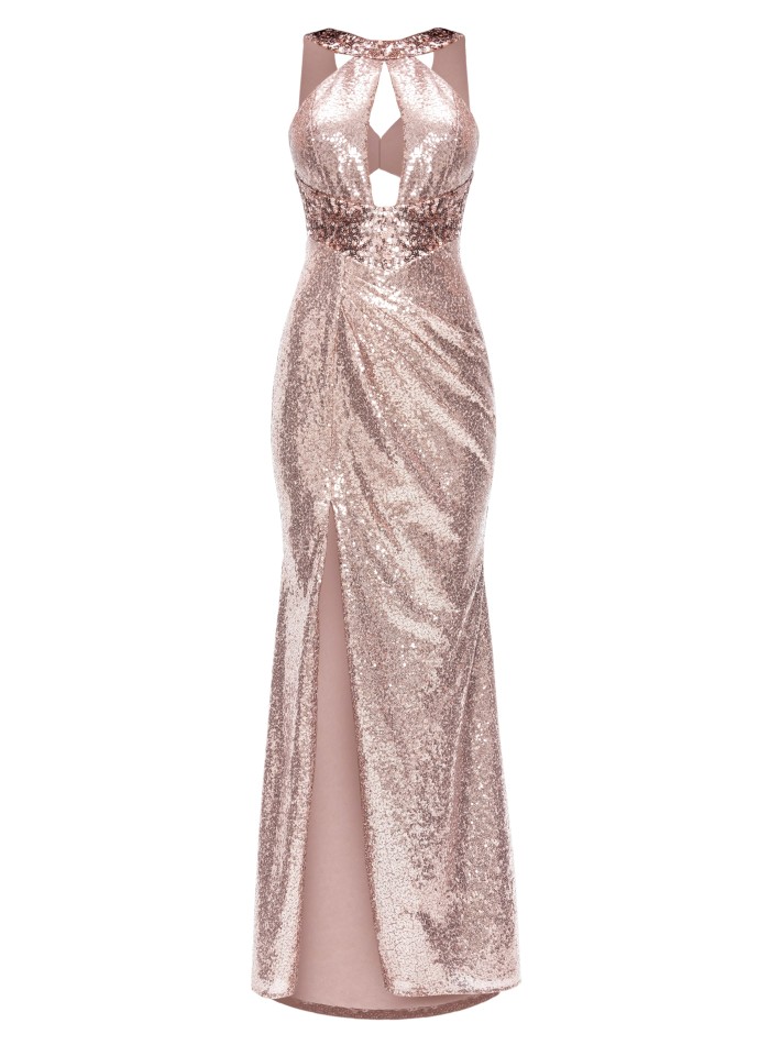 long pink sequined dress with a plunging...