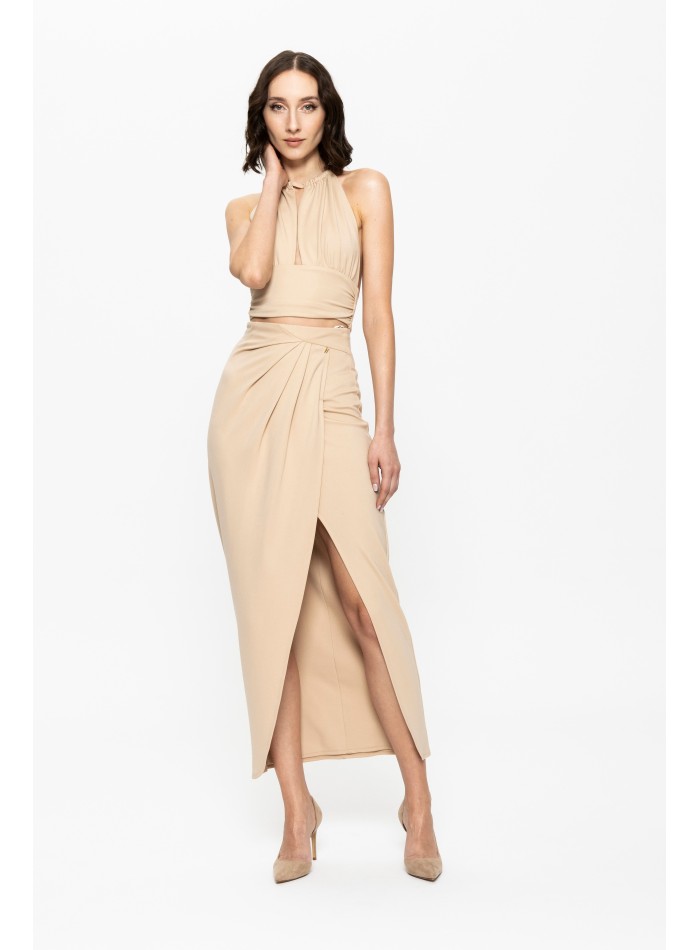 Beige crossover skirt for guests with a side slit