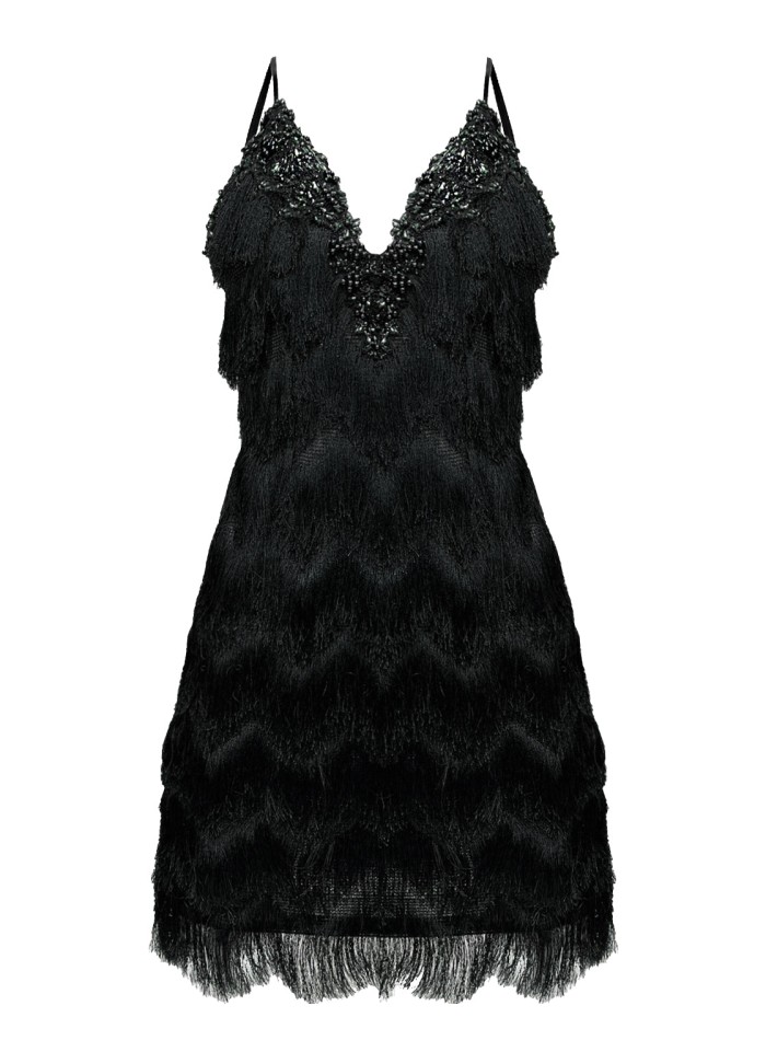 black cocktail dress with embroidered lace and sequins