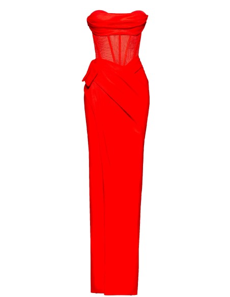 Vestido de fiesta largo con escote palabra de honor y abertura