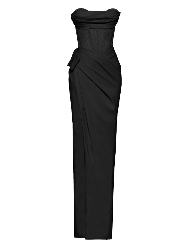 Vestido de noche negro con corsé strapless y abertura 2
