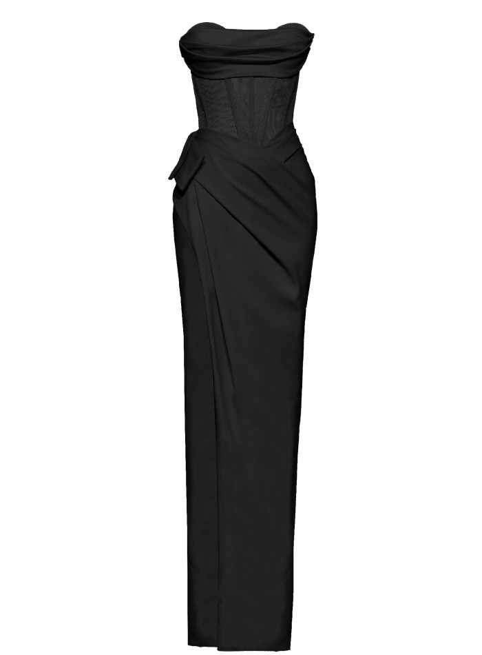Vestido de noche negro con corsé strapless y...