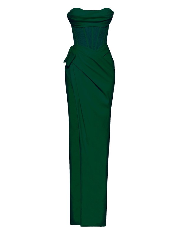 Vestido de noche verde esmeralda con corsé y abertura... 2
