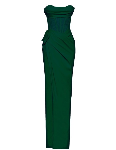 Emerald green evening dress with corset and high leg slit.
