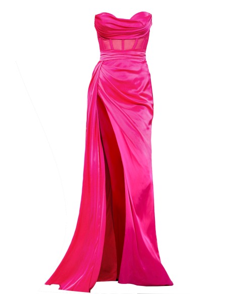Robe longue de soirée rose avec encolure haute et fente haute sur la jambe