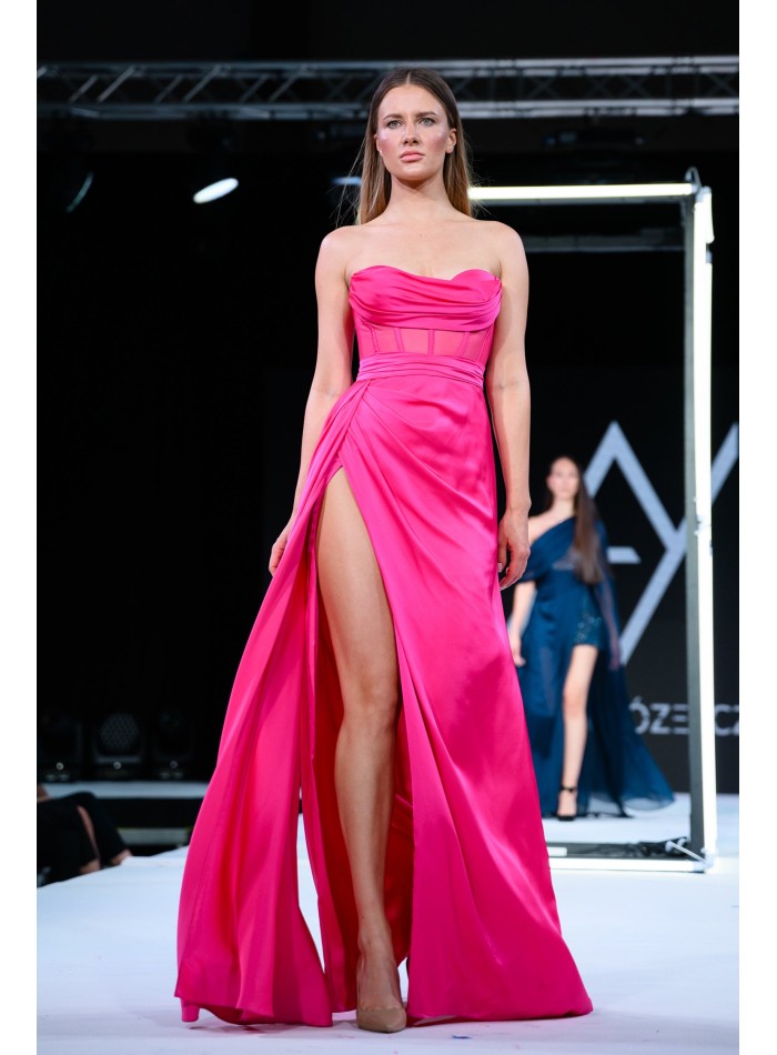 Long pink evening dress with high neckline and...