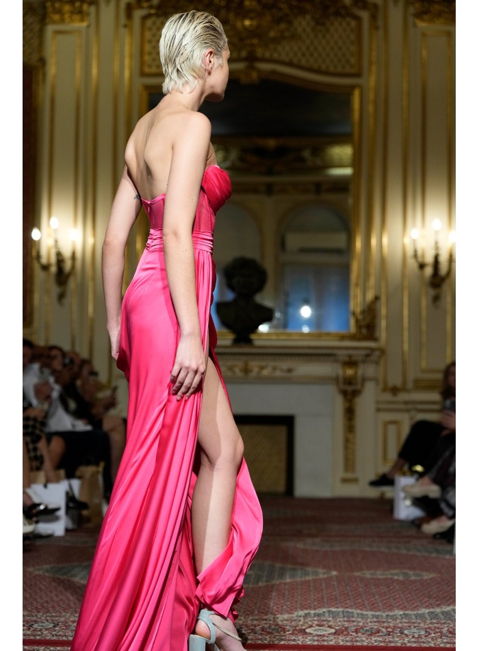 Long pink evening dress with high neckline and...