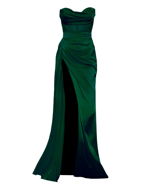 Long green evening dress with high neckline and high leg... 2