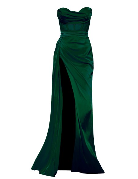 Robe longue de soirée verte avec décolleté et fente haute sur les jambes