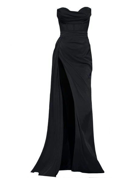 Vestido largo de noche negro con escote y abertura alta en la pierna