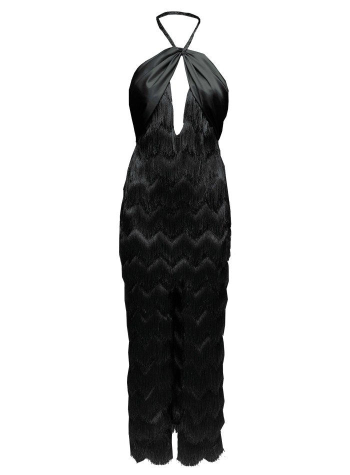 black halter neckline dress with layered fringe and plunging neckline