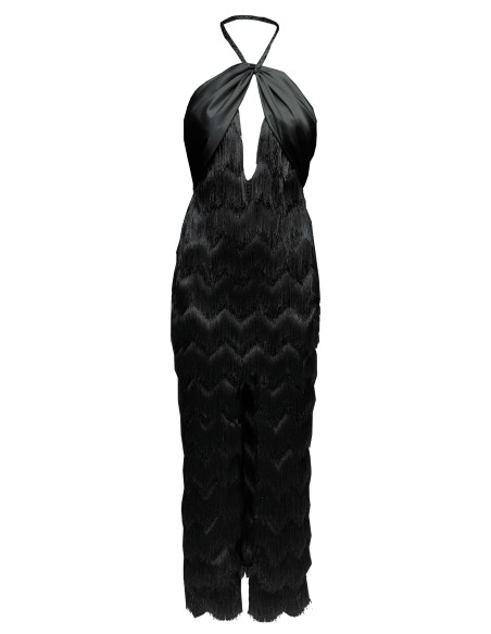 black halter neckline dress with layered fringe and plunging neckline