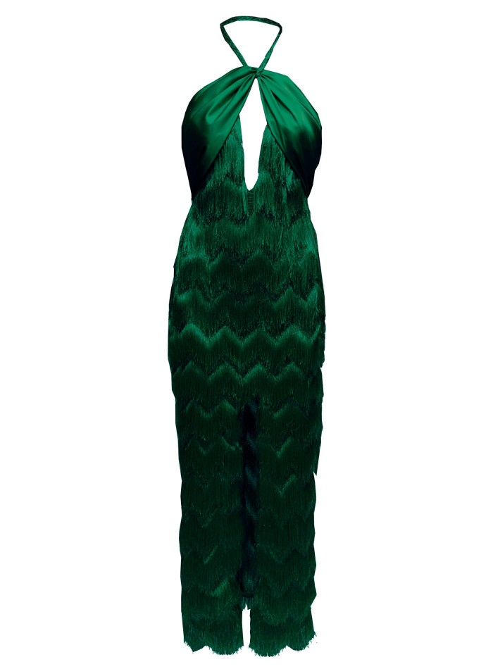 emerald green halter neckline dress with layered fringe and plunging neckline