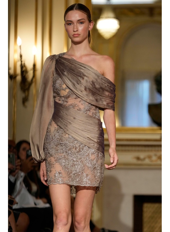 asymmetrical dress with embroidered details and gradient draping in earth tones