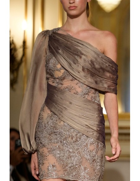 asymmetrical dress with embroidered details and gradient draping in earth tones
