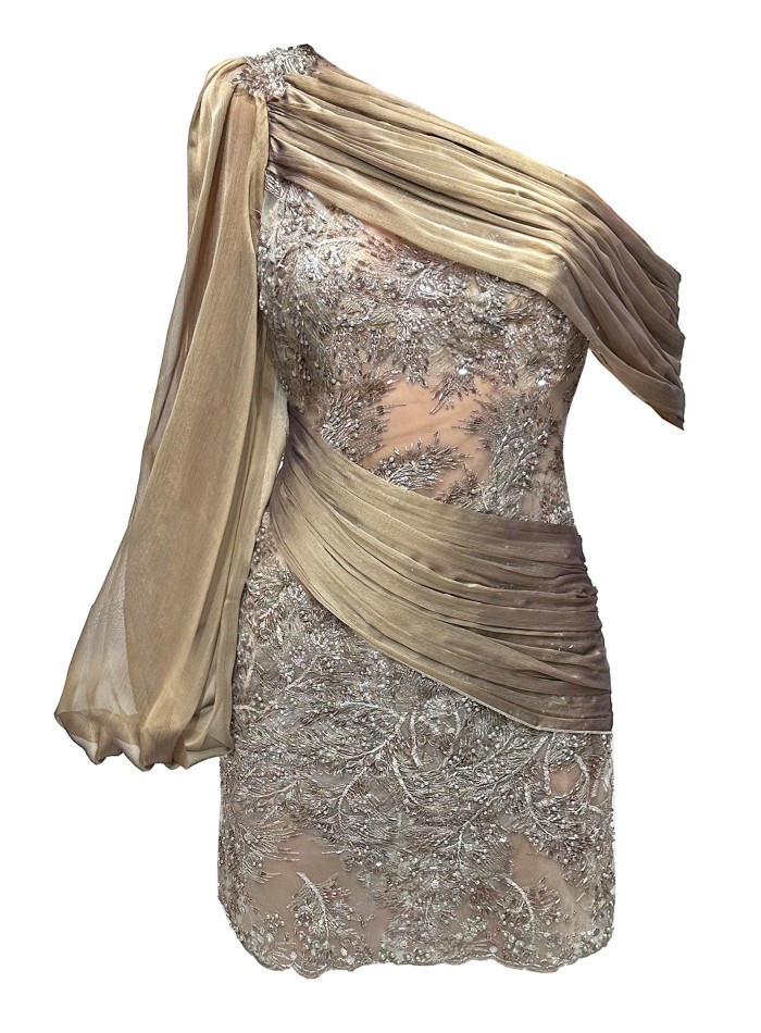 Robe asymétrique avec détails brodés et drapé...