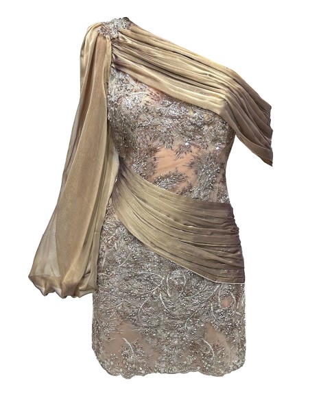 asymmetrical dress with embroidered details and gradient draping in earth tones