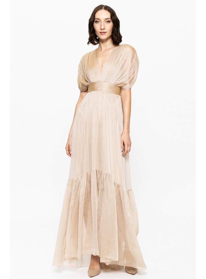 beige silk chiffon maxi dress with drop sleeves and ruffle