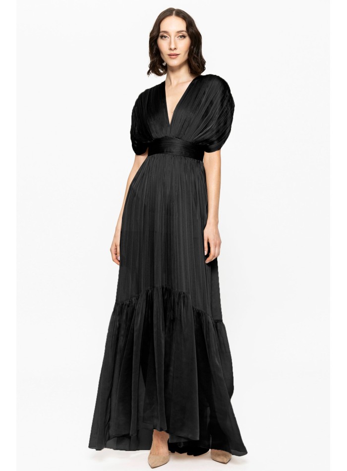 Black Silk Chiffon Maxi Dress with Drop Sleeves and Flounce