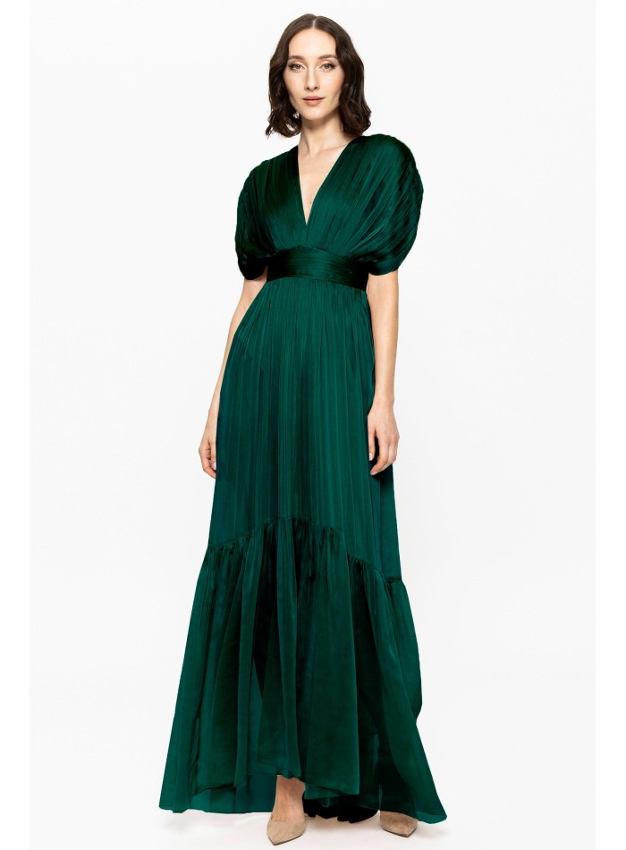 Green dress in silk chiffon with drop sleeves and flounce