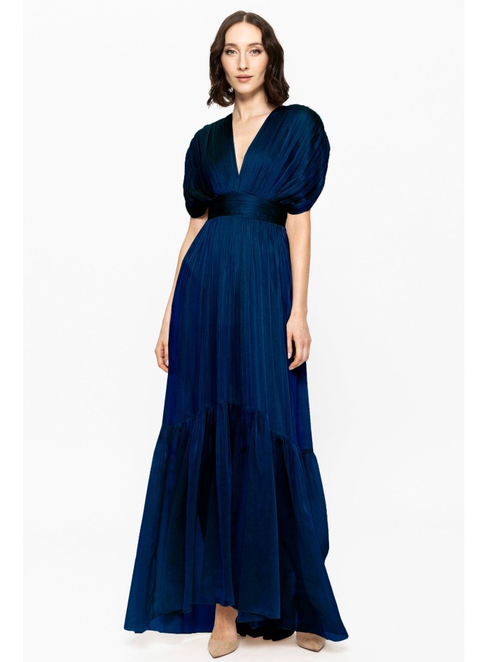 blue silk chiffon dress with drop sleeves and ruffle