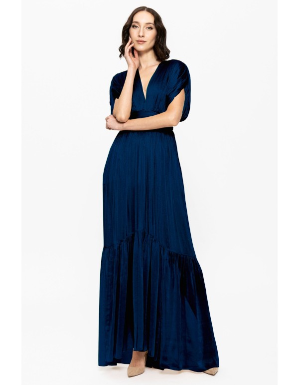 blue silk chiffon dress with drop sleeves and ruffle 2
