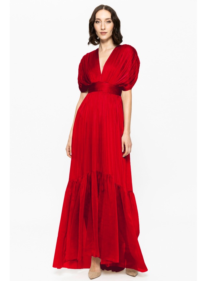 red silk chiffon dress with a drop sleeve and ruffle