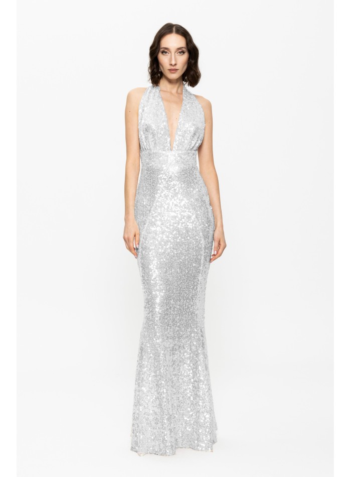 silver sequinned dress with a fitted plunging neckline