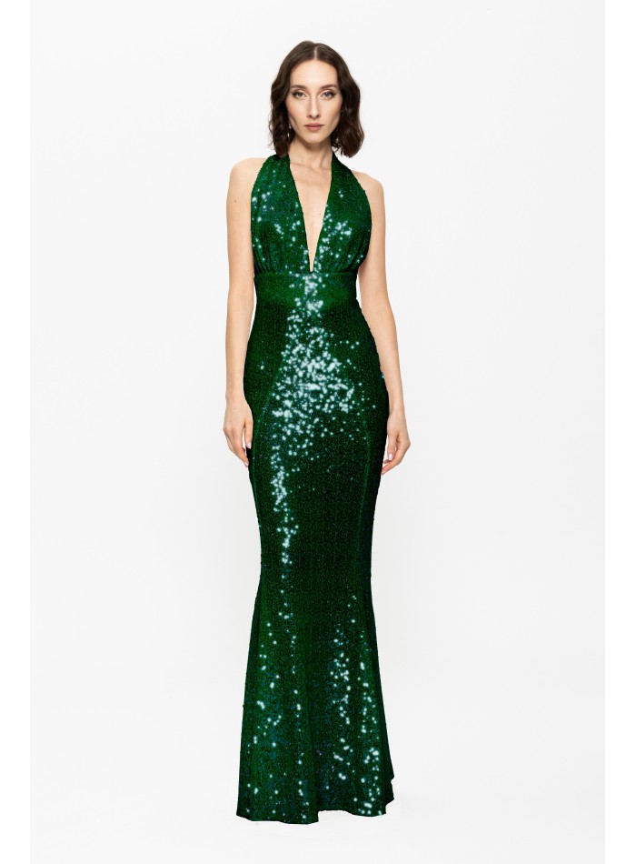 emerald green sequined open back dress