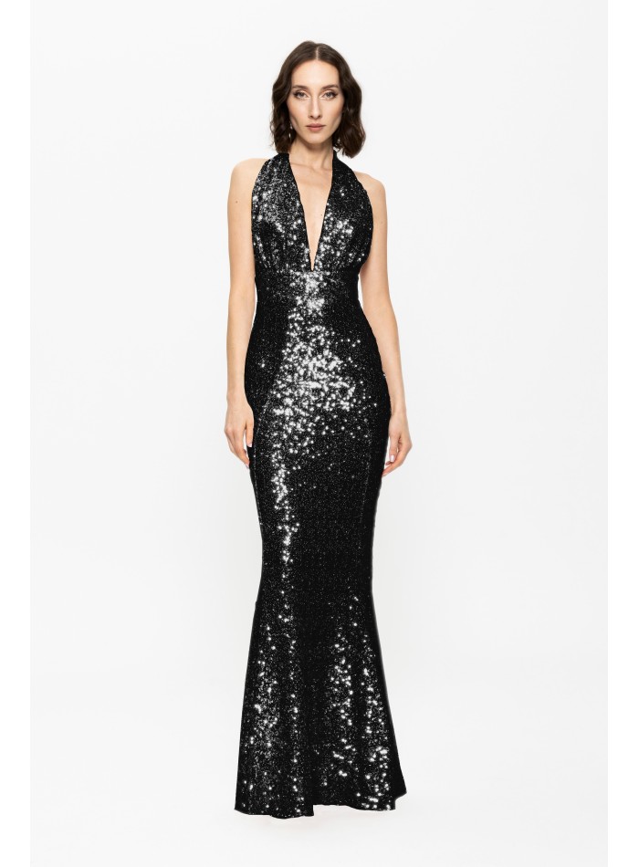 Robe longue noire avec sequins et dos ouvert