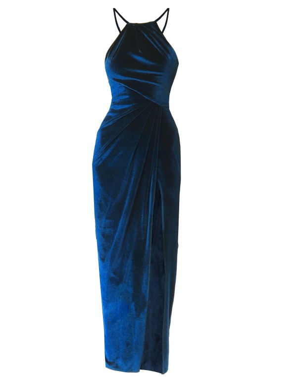 blue velvet dress with side slit and halter neckline 2