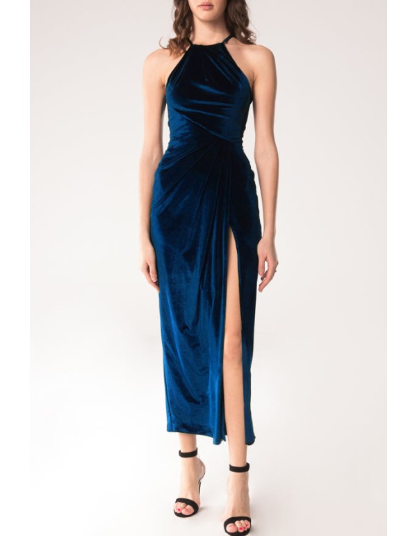 Vestido de terciopelo azul con abertura lateral y cuello...