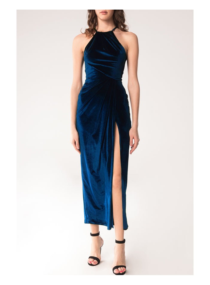 blue velvet dress with side slit and halter neckline