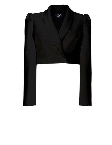 black cropped blazer with long sleeves and a puffed effect
