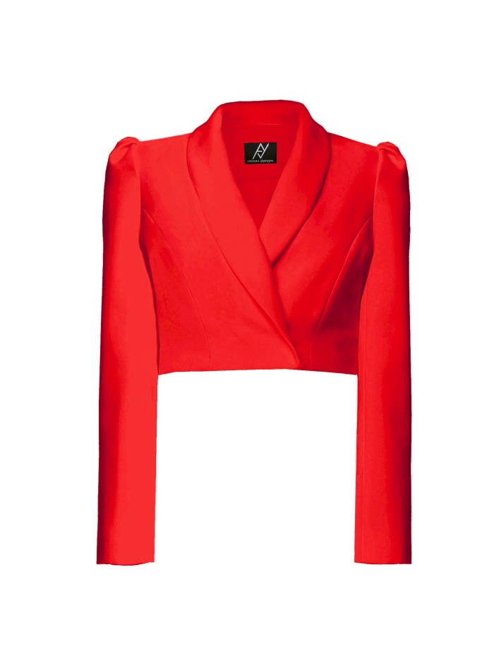 Red Cropped Long Sleeve Blazer with Puffed Effect