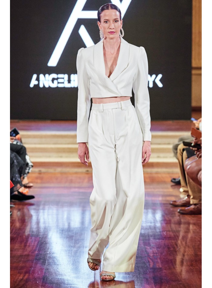 Pantalon de costume palazzo blanc à taille haute