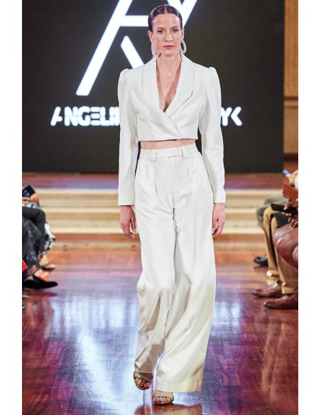High-waisted white palazzo suit trousers