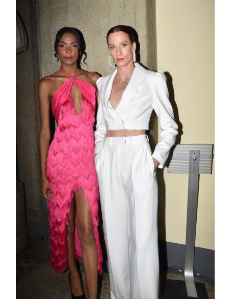 High-waisted white palazzo suit trousers