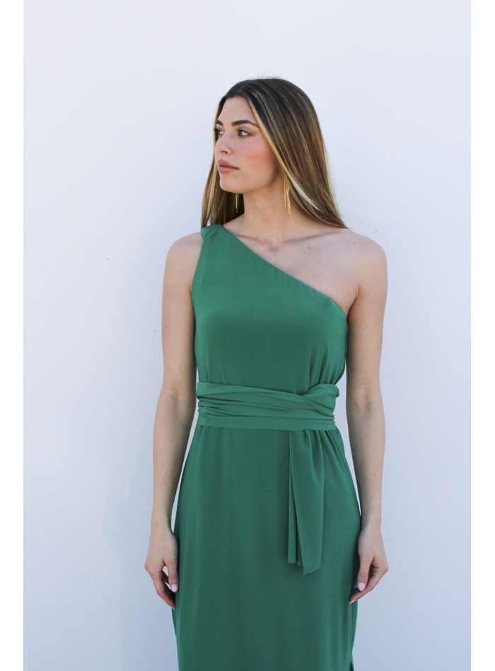 Vestido midi con chal multiposición y escote asimétrico