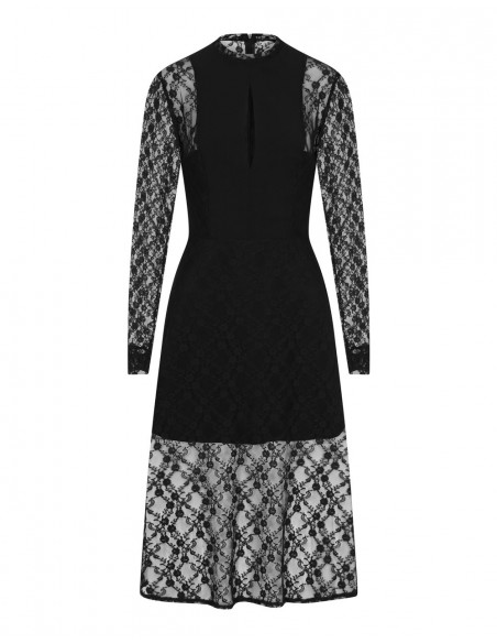 vestido midi negro de encaje con mangas largas para invitadas vestido midi negro de encaje con mangas largas para invitadas