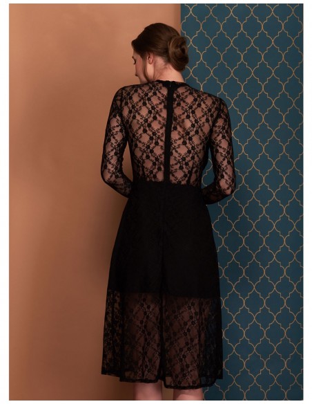 Black midi dress with long lace sleeves - Amelie -3