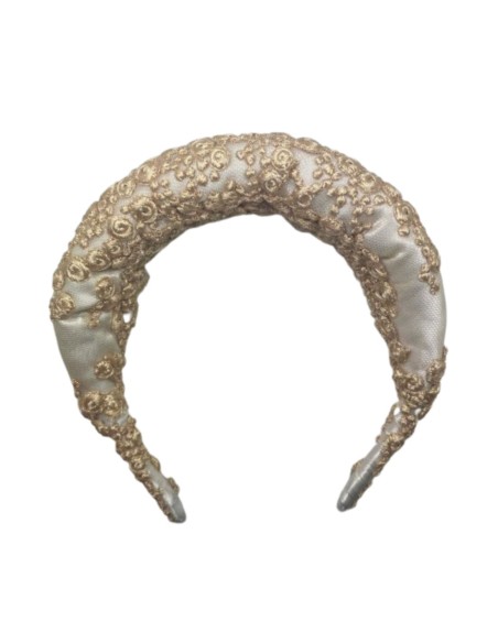 Quilted raw bridal headband with gold embroidery
