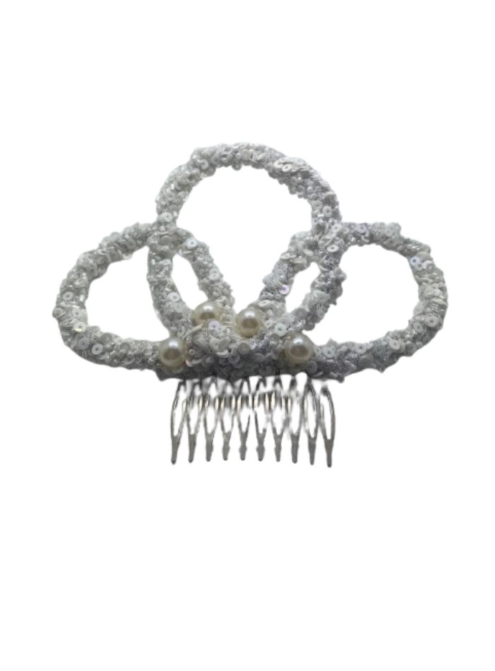 White bridal comb with sequins and white pearls
