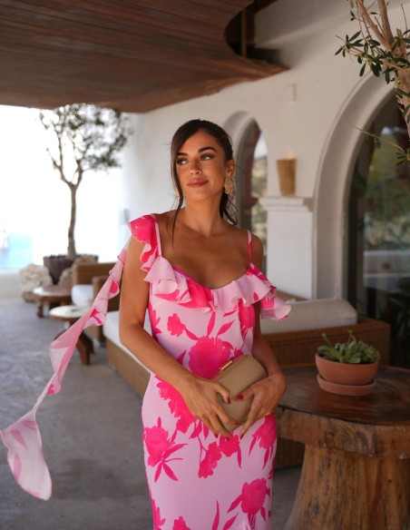 Floral print midi party dress with ruffles