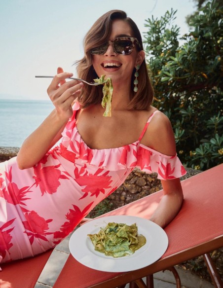 Floral print midi party dress with ruffles