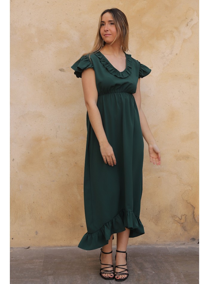 Midi dress with V-neckline and ruffle at the hem